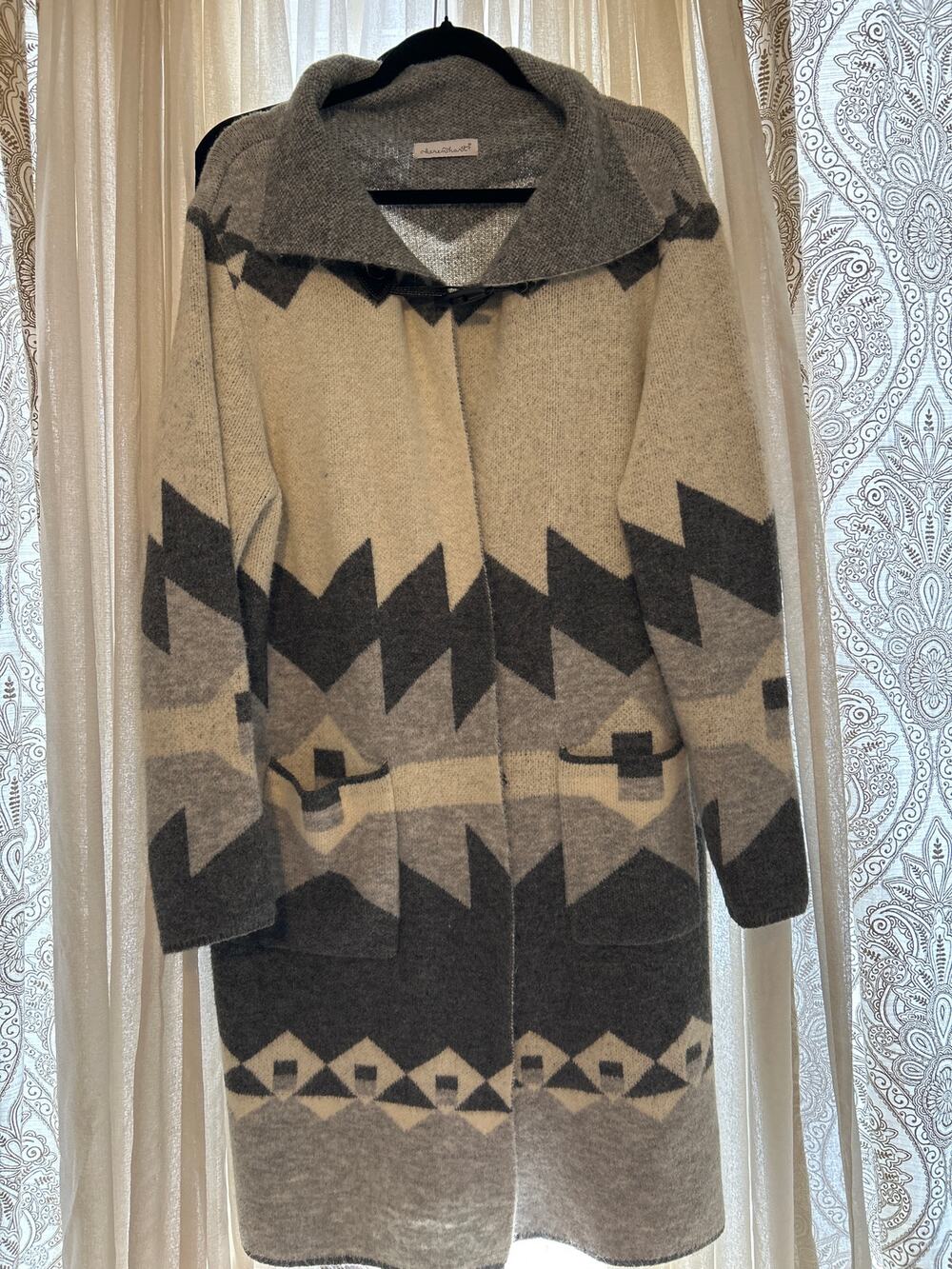 Gray And White Women's Aztec Duster Cardigan Medium